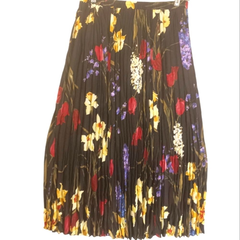 Accordion Pleated Dark Floral Cottagecore Print Maxi Skirt Sz S
